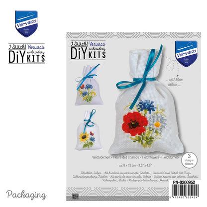 Three small cross stitch bags with field flowers designs