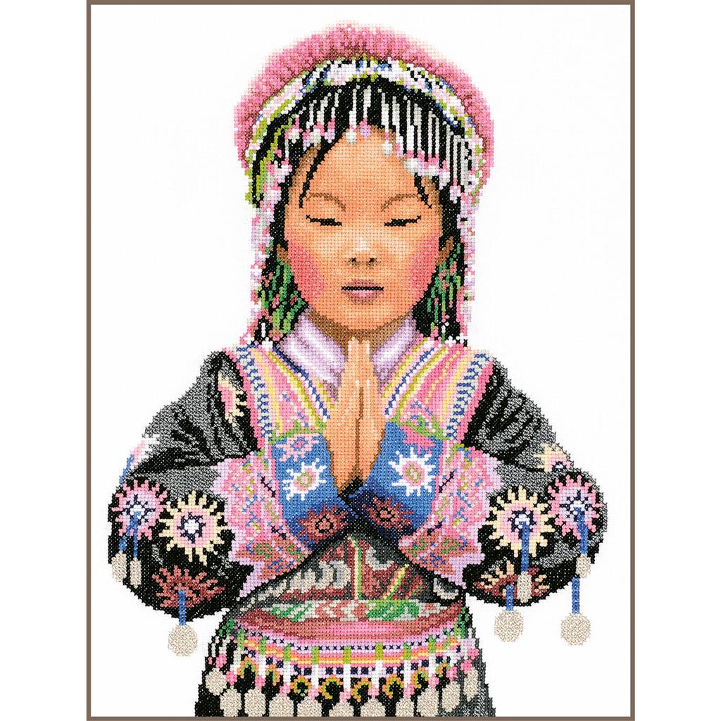 Cross stitch portrait of a girl in traditional dress