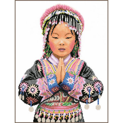 Cross stitch portrait of a girl in traditional dress