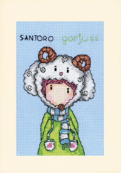 Three Gorjuss cross stitch greetings cards from the Vervaco kit