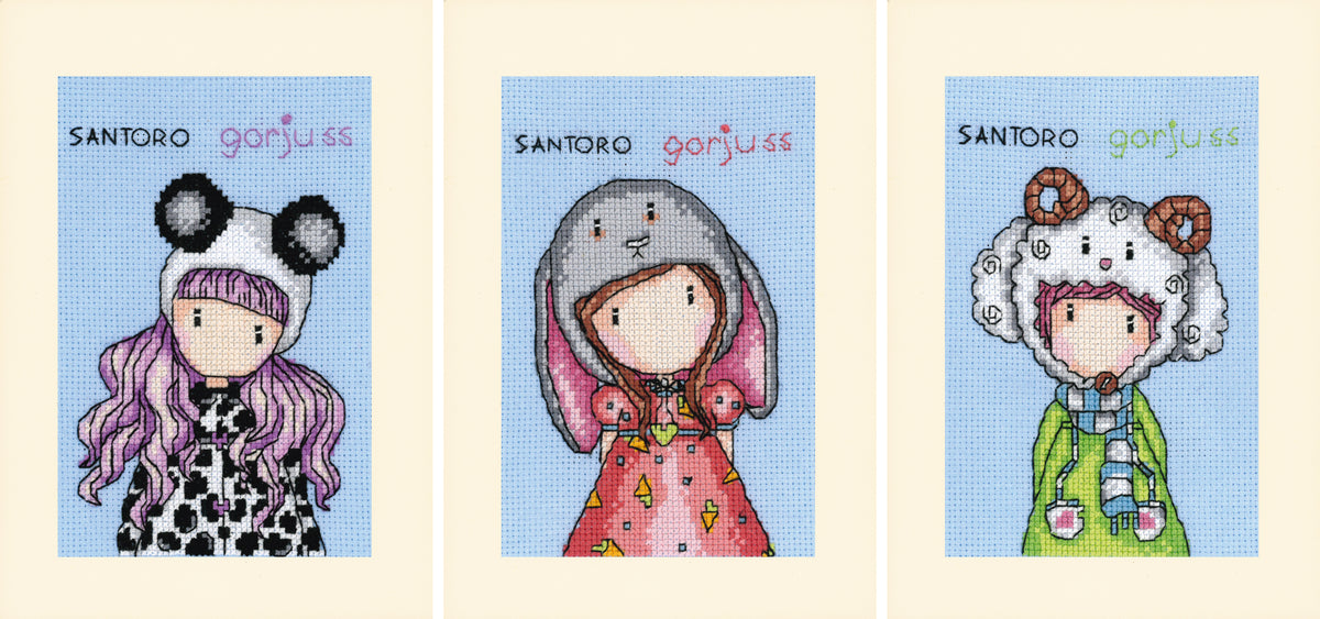 Three Gorjuss cross stitch greetings cards from the Vervaco kit