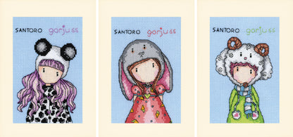 Three Gorjuss cross stitch greetings cards from the Vervaco kit