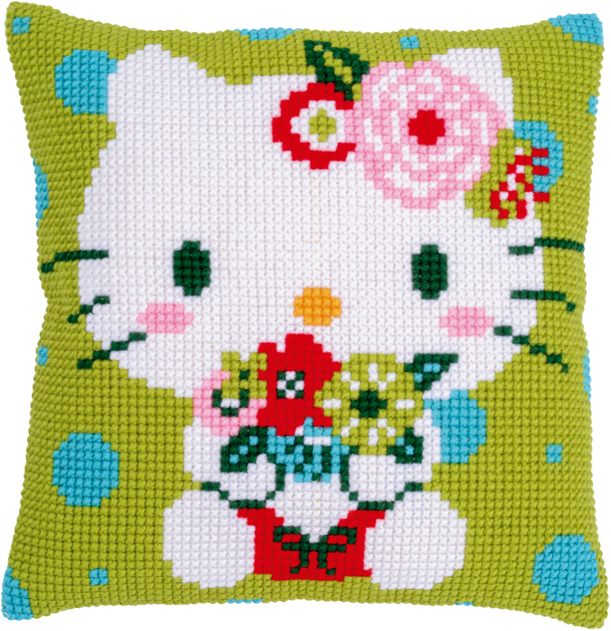 Hello Kitty green floral cross stitch cushion from Vervaco