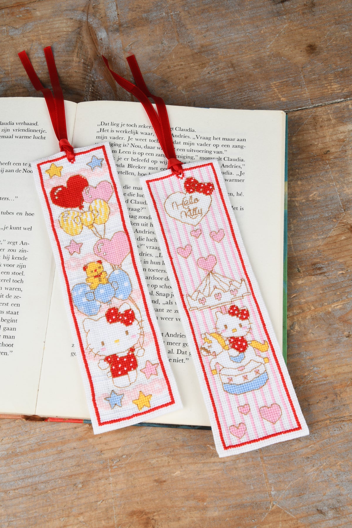 Two Hello Kitty doodle heart cross stitch bookmarks