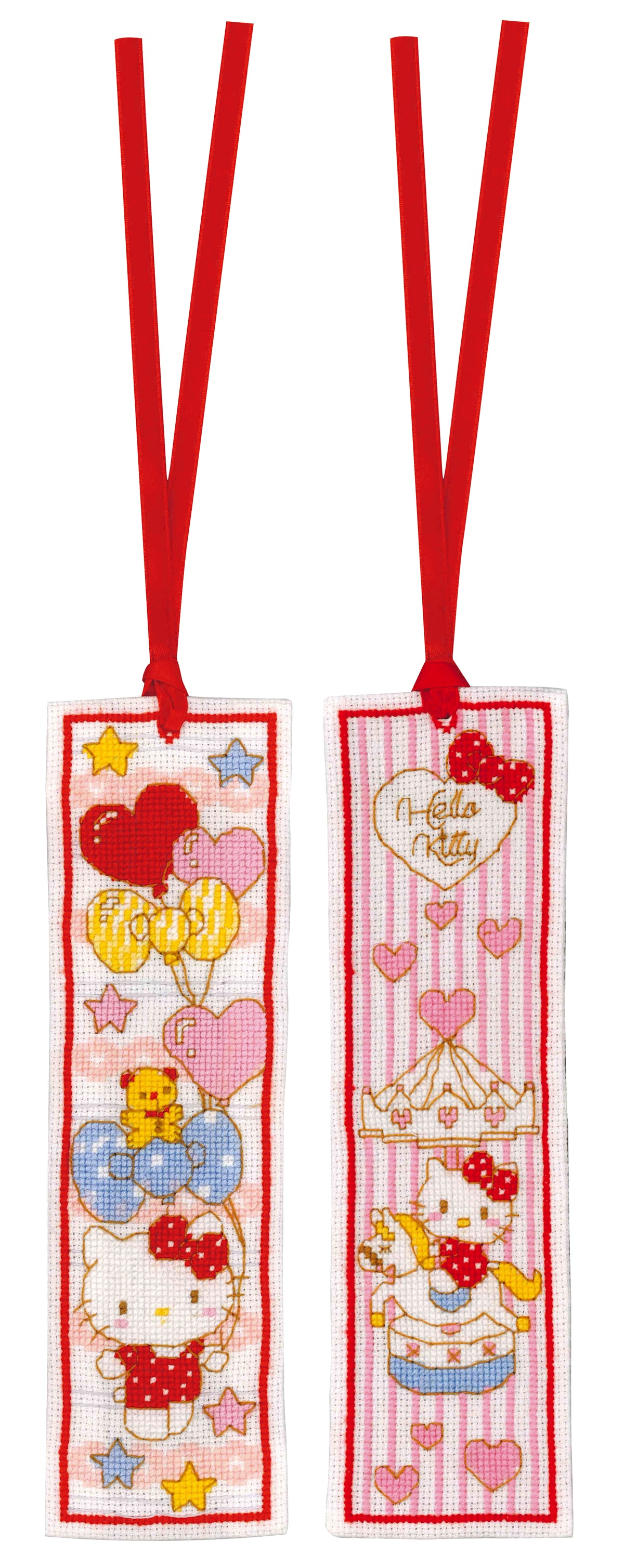 Two Hello Kitty doodle heart cross stitch bookmarks