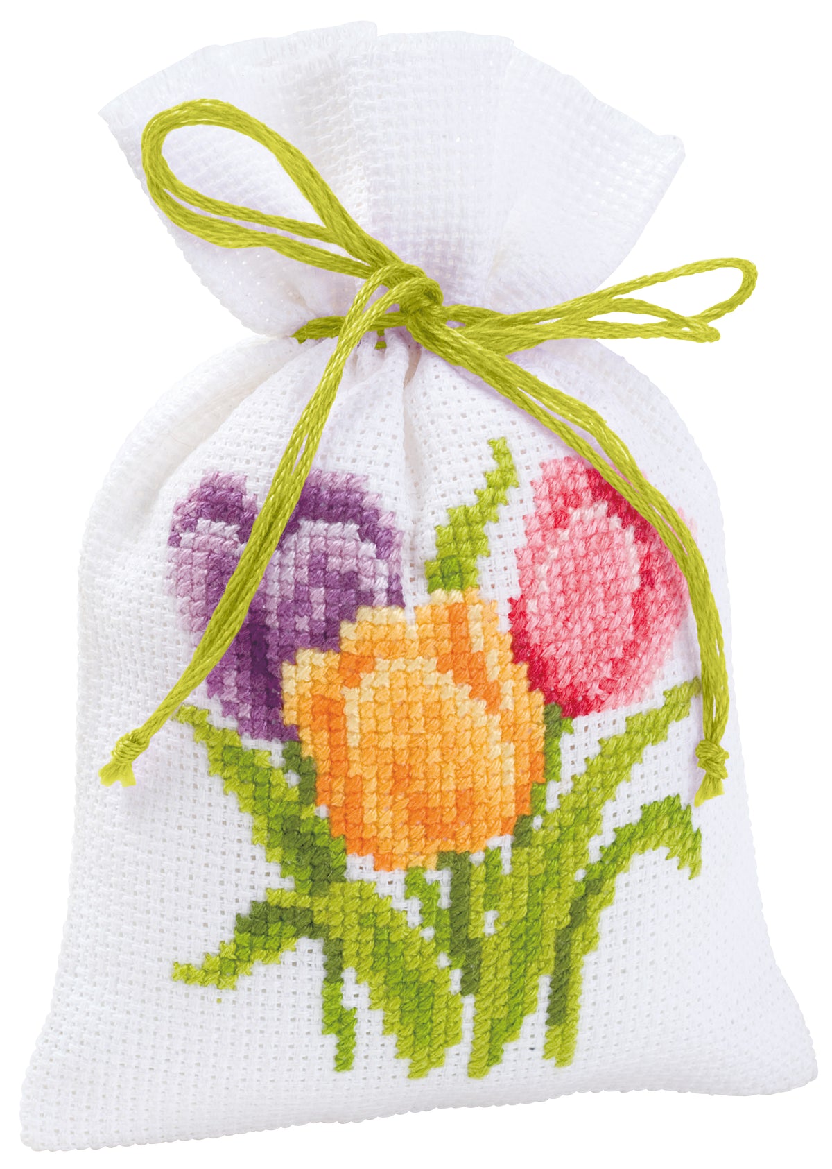 Three small white gift bags cross stitched with flowers