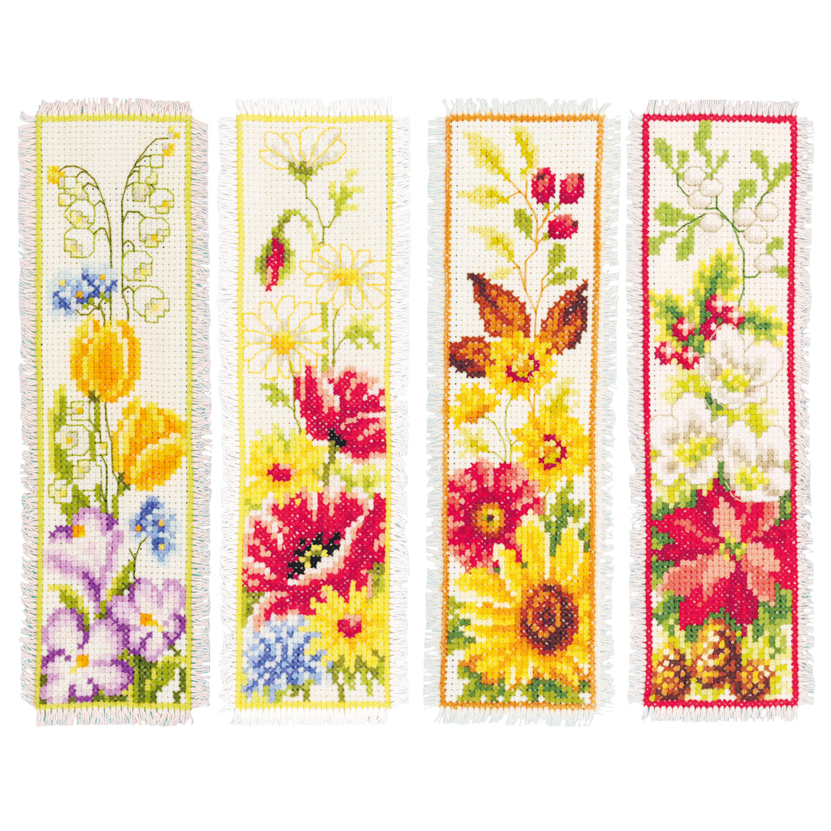 Four cross stitch bookmarks with seasonal designs