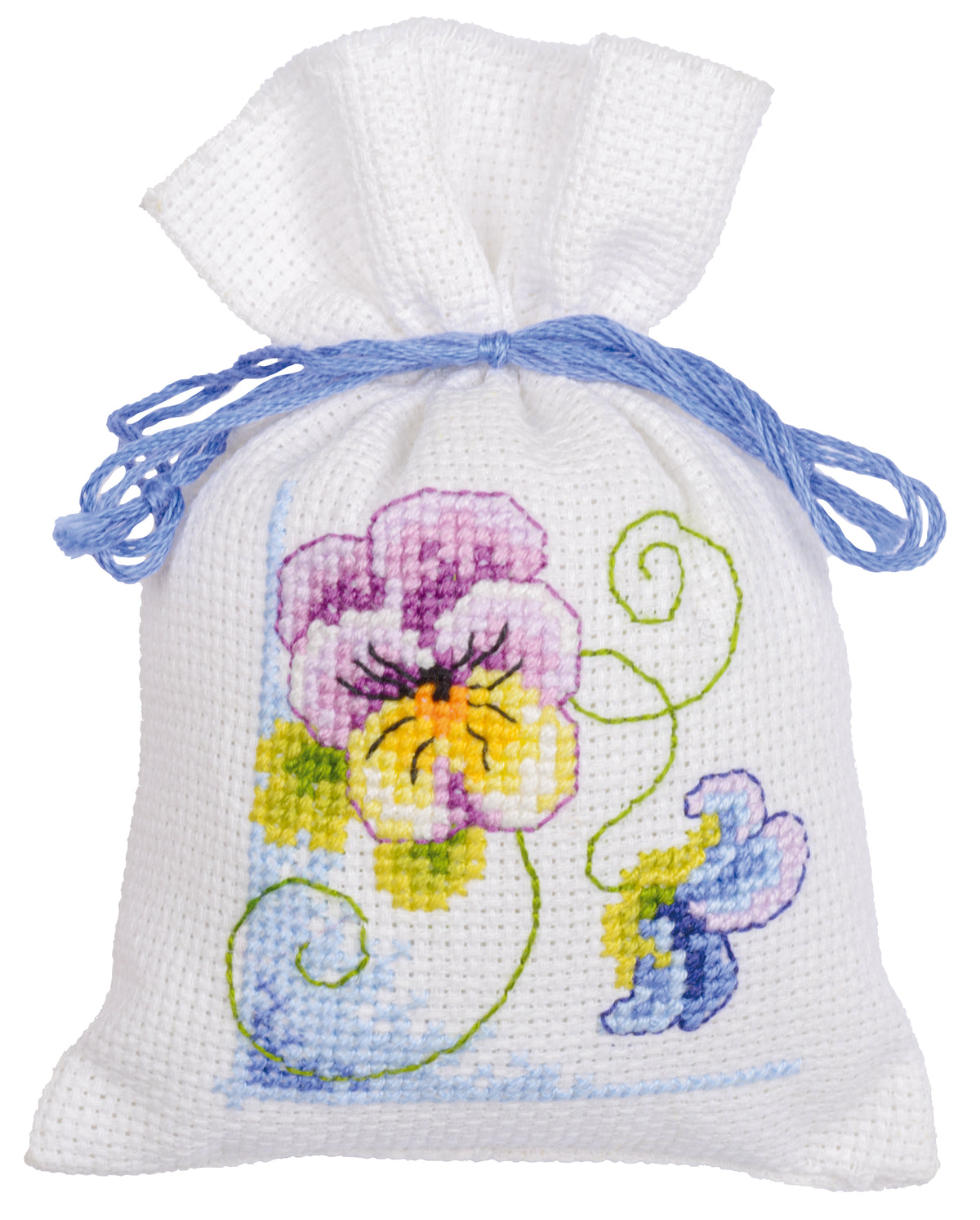 Three violet cross stitch gift bags tied with ribbon