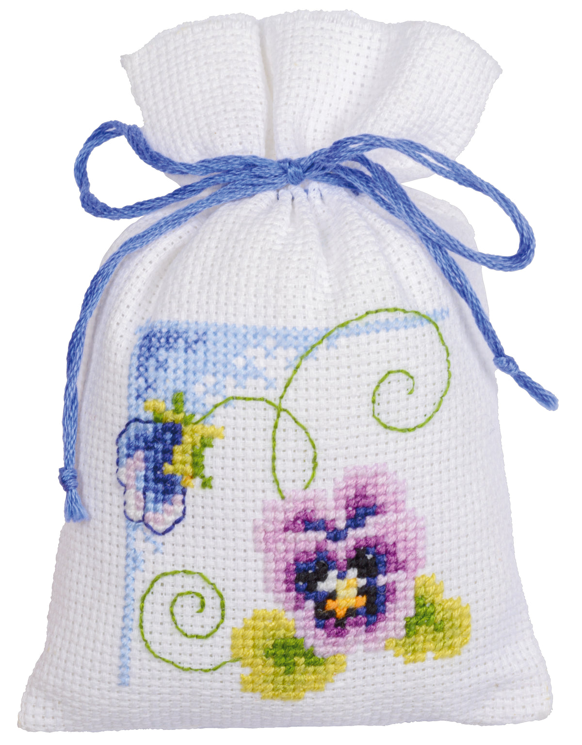 Three violet cross stitch gift bags tied with ribbon