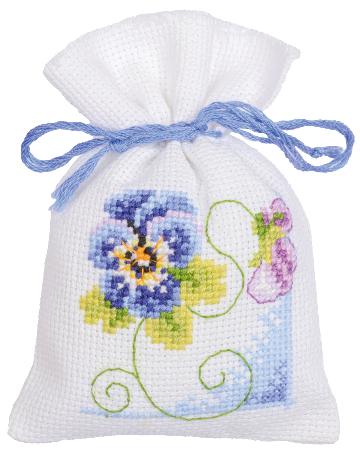 Three violet cross stitch gift bags tied with ribbon