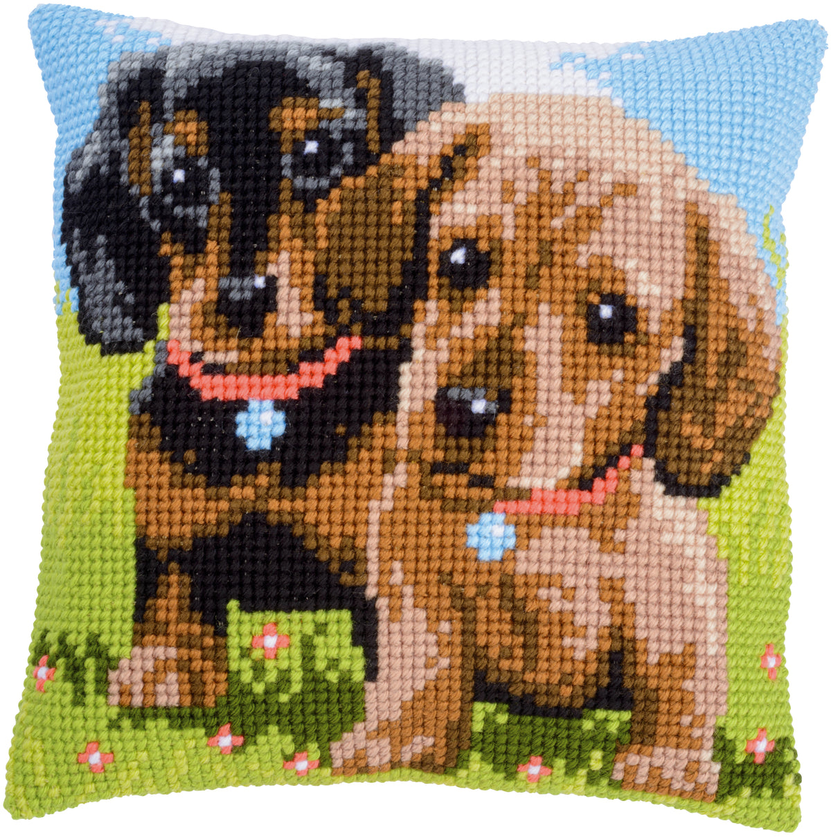 Cross stitched cushion with dachshund dogs