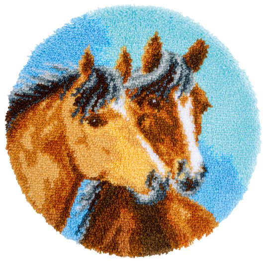 Shaped latch hook rug with two horses