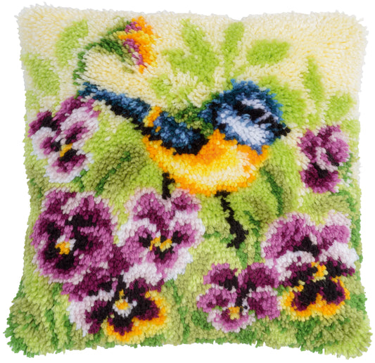 Blue tit on pansies latch hook cushion