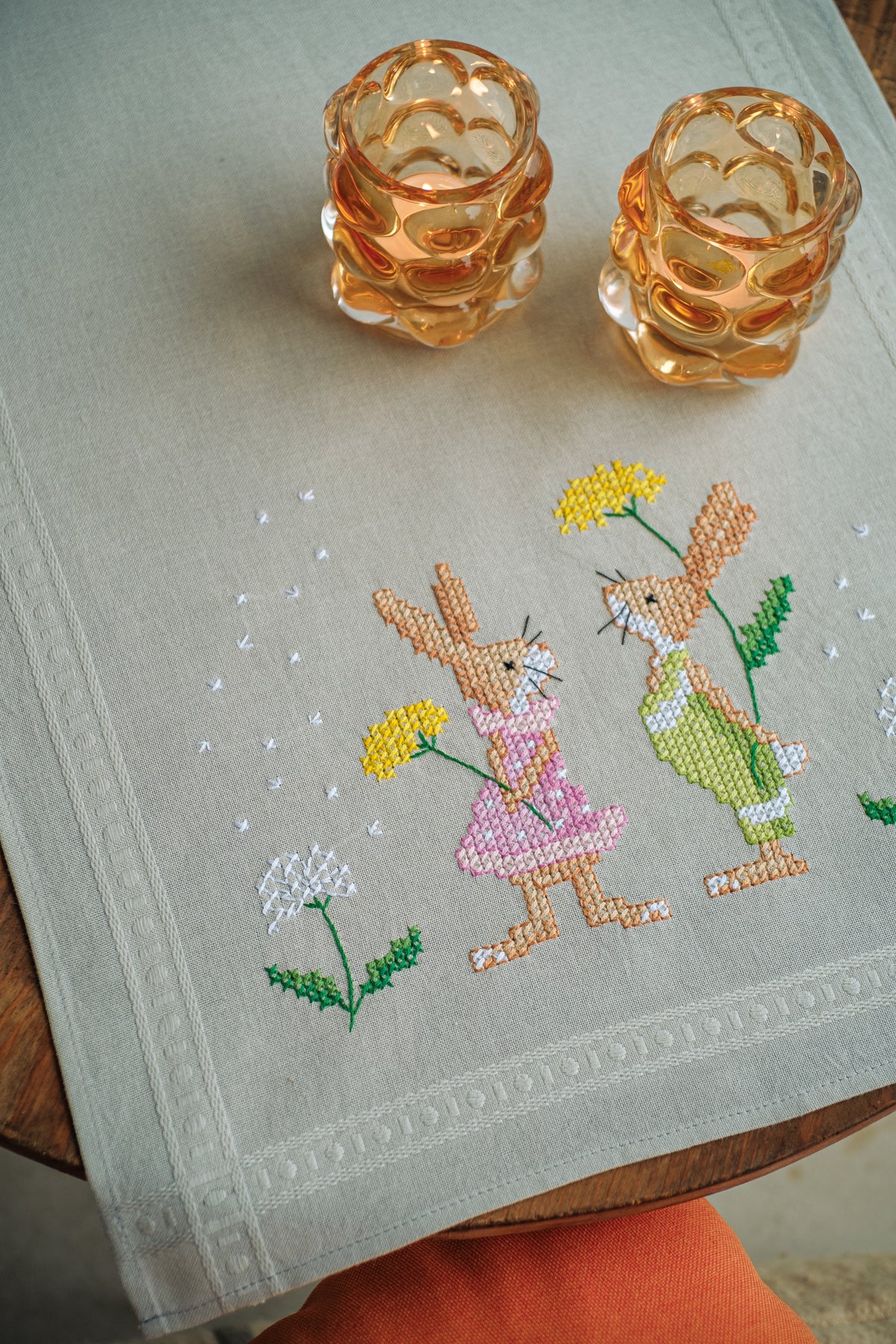 Easter rabbits embroidered table runner