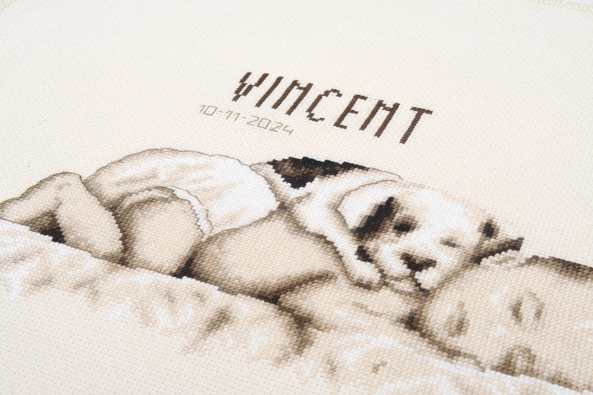 Cross stitched birth record with a baby and a dog