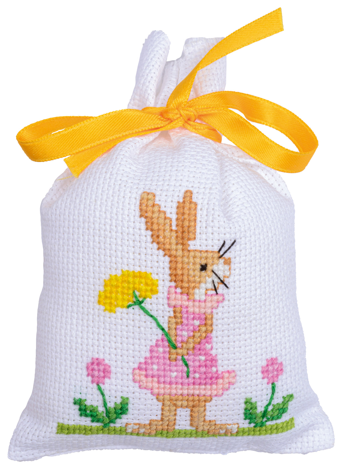Three cross stitch bags with Easter rabbits