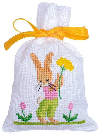 Three cross stitch bags with Easter rabbits