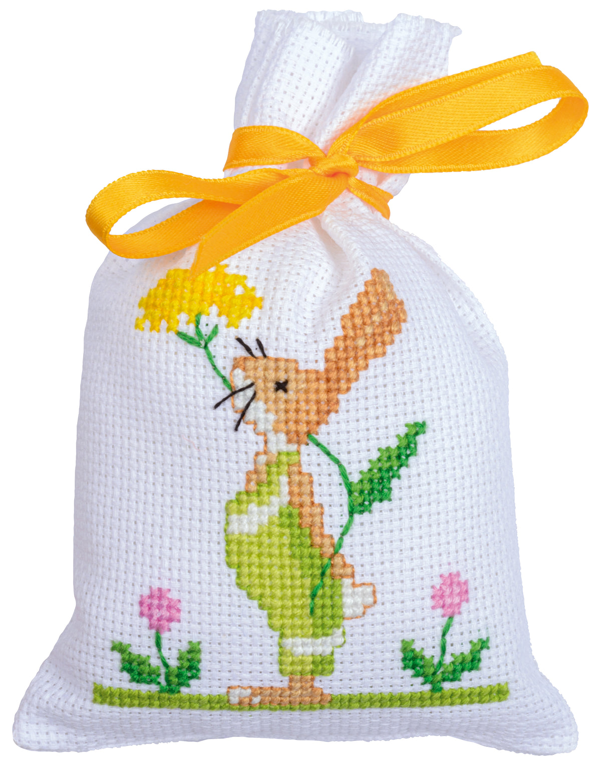 Three cross stitch bags with Easter rabbits