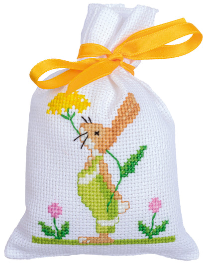 Three cross stitch bags with Easter rabbits