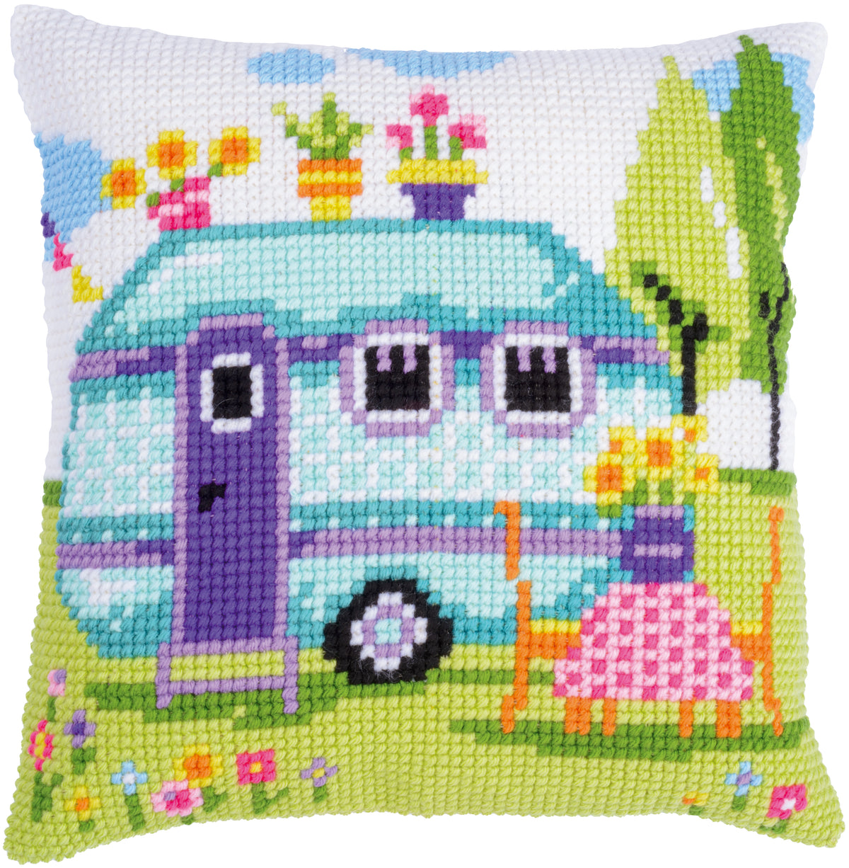 Cross stitch cushion with a road trip holiday design