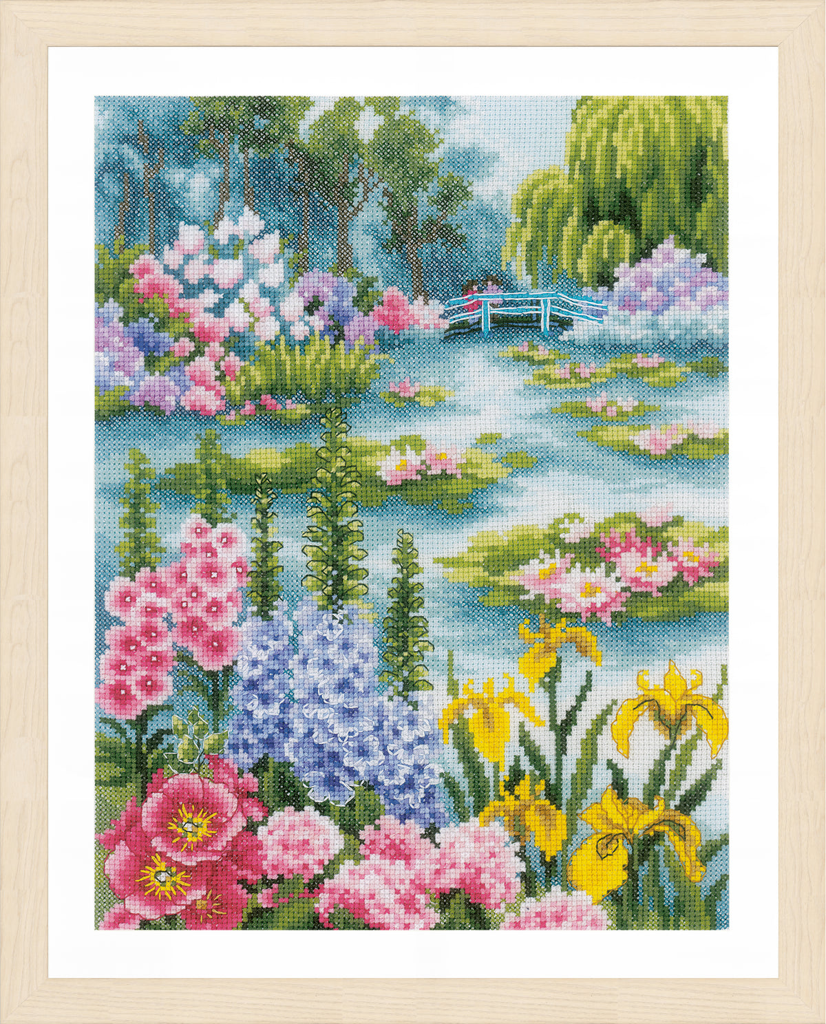 Cross stitch of a water lily pond scene