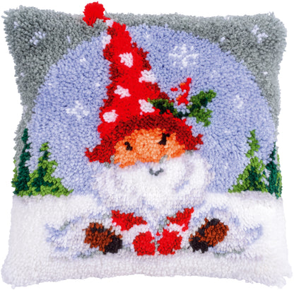 Latch hook cushion with a Christmas gnome in the snow