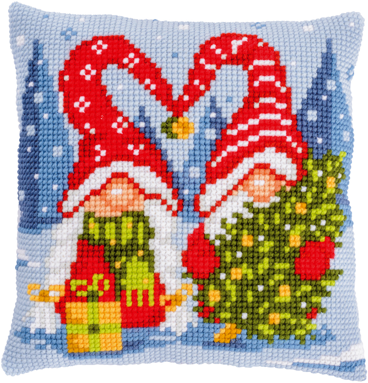 Cross stitch cushion with Christmas gnomes