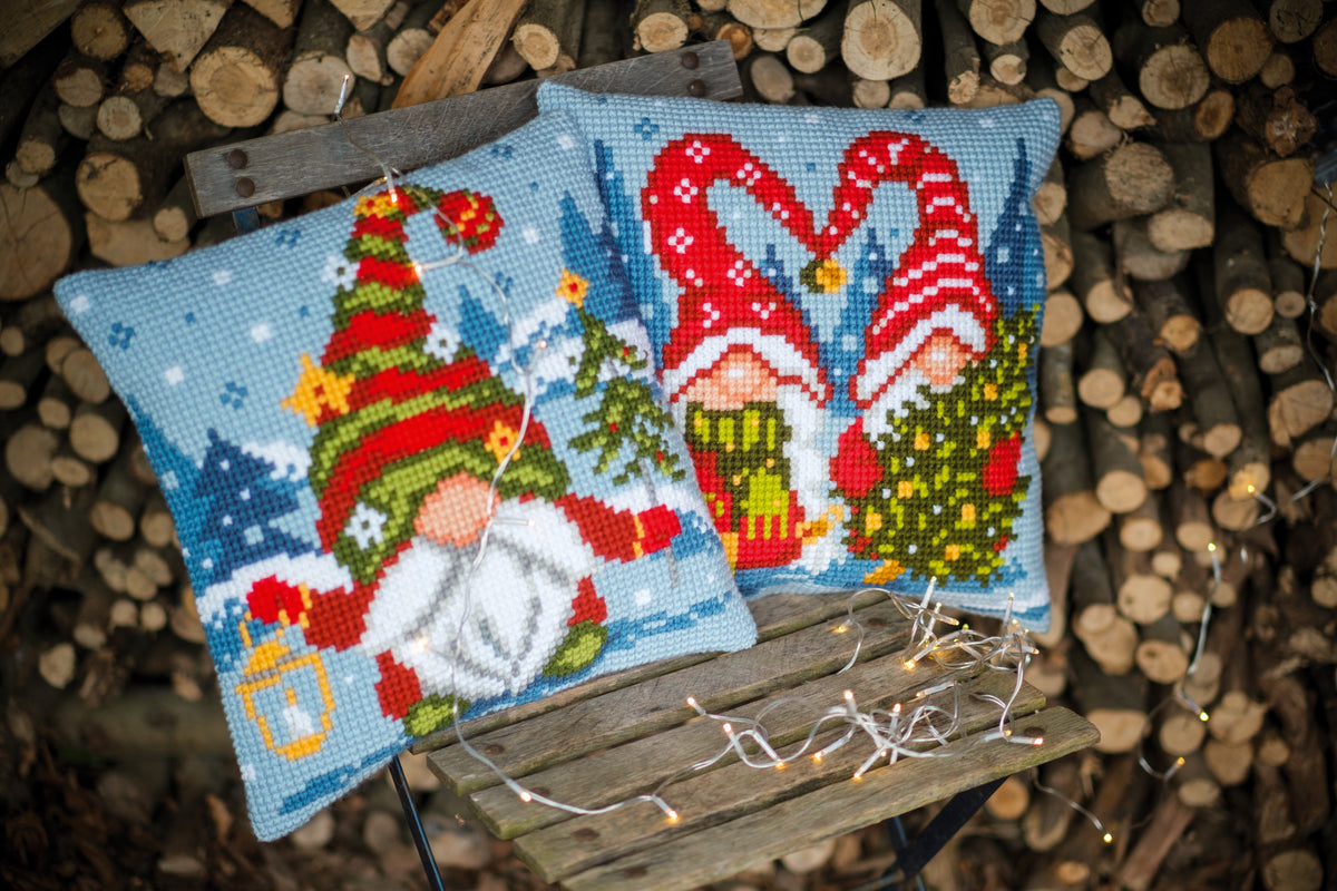 Cross stitch cushion with a single Christmas gnome