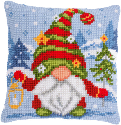 Cross stitch cushion with a single Christmas gnome