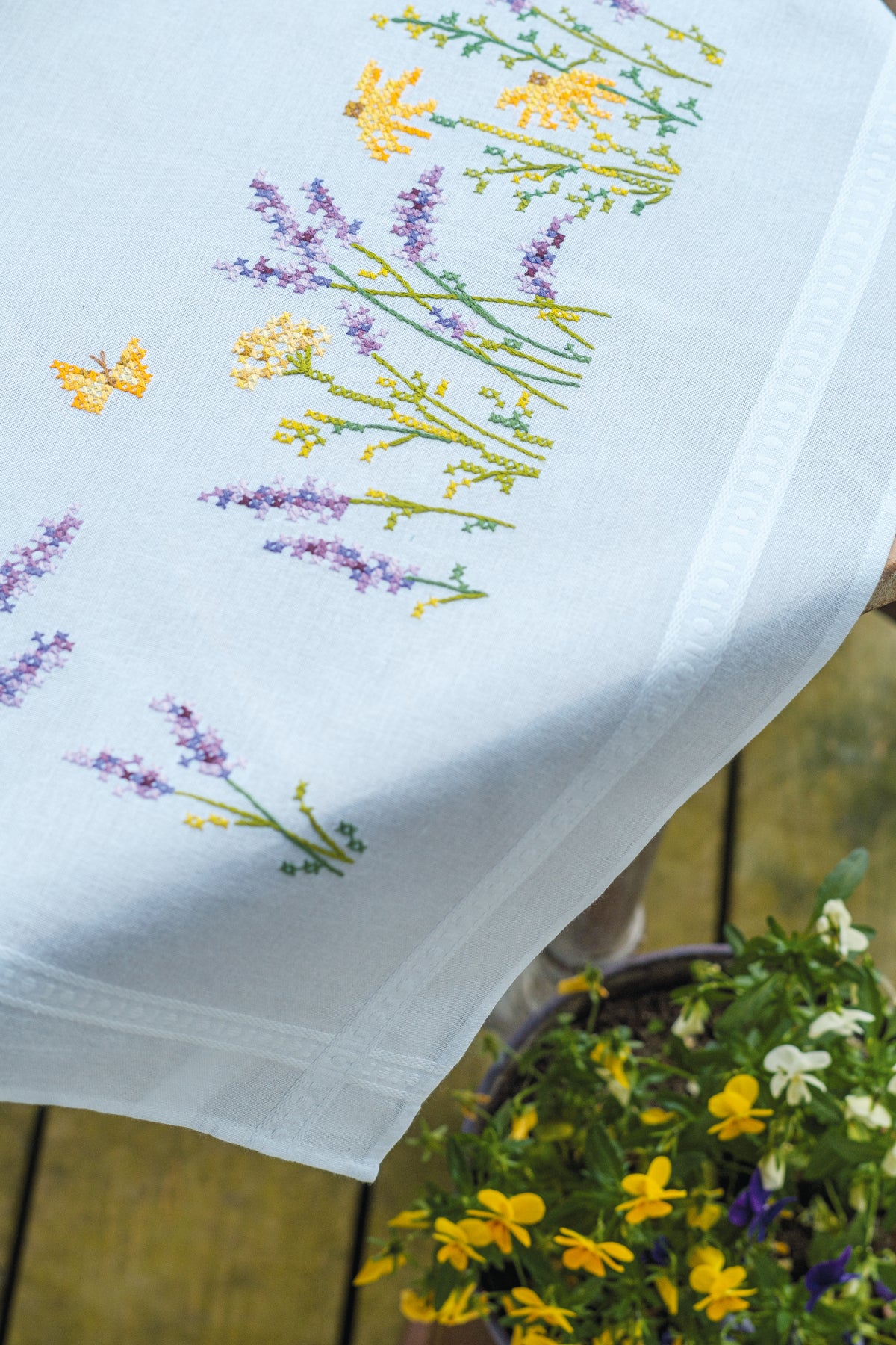 Embroidered tablecloth with lavender sprigs