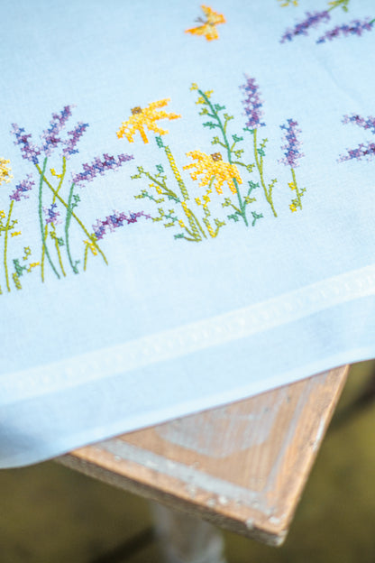 Embroidered tablecloth with lavender sprigs