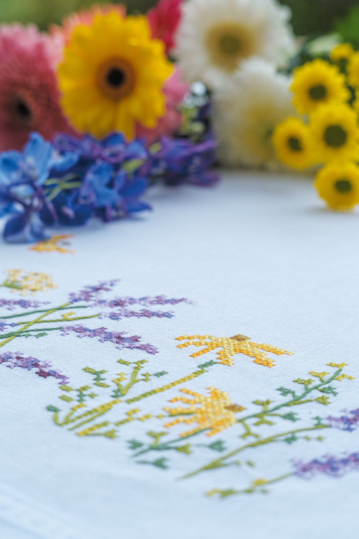 Embroidered tablecloth with lavender sprigs