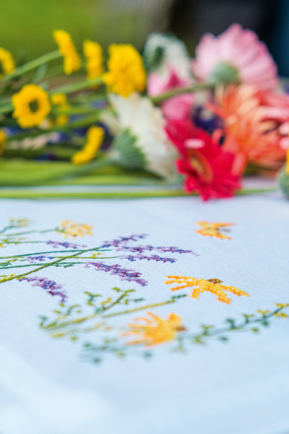 Embroidered table runner with lavender sprigs
