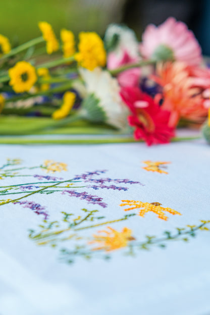 Embroidered table runner with lavender sprigs