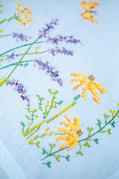 Embroidered table runner with lavender sprigs