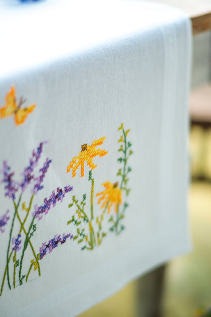 Embroidered table runner with lavender sprigs