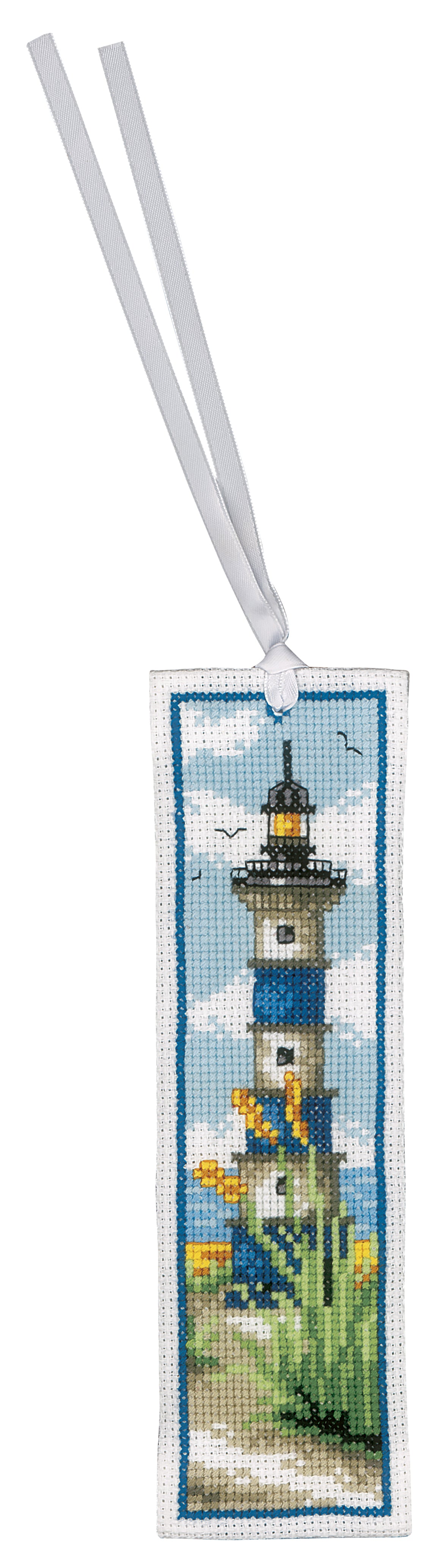 Two cross stitched bookmarks with lighthouse designs