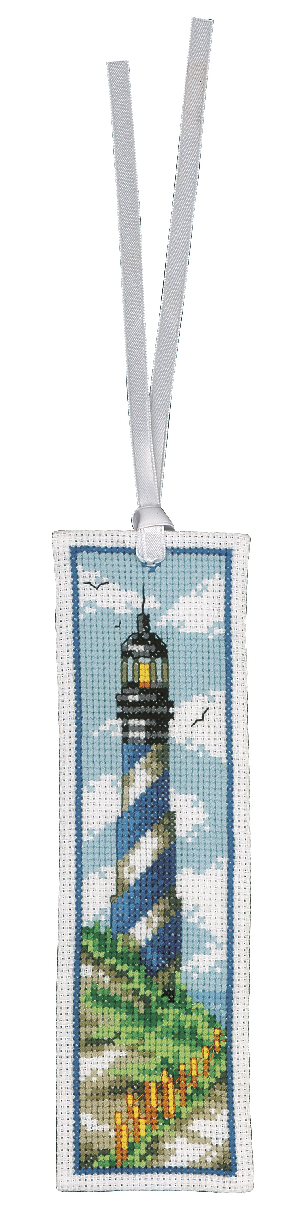 Two cross stitched bookmarks with lighthouse designs