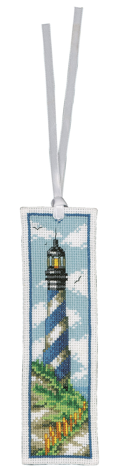 Two cross stitched bookmarks with lighthouse designs