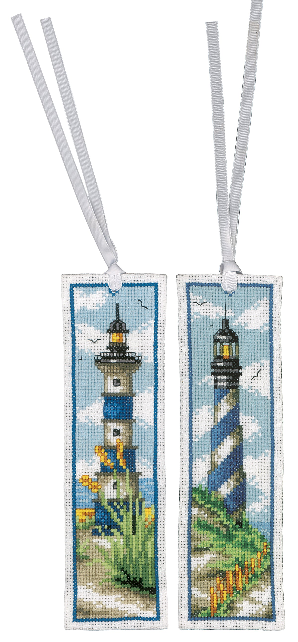 Two cross stitched bookmarks with lighthouse designs
