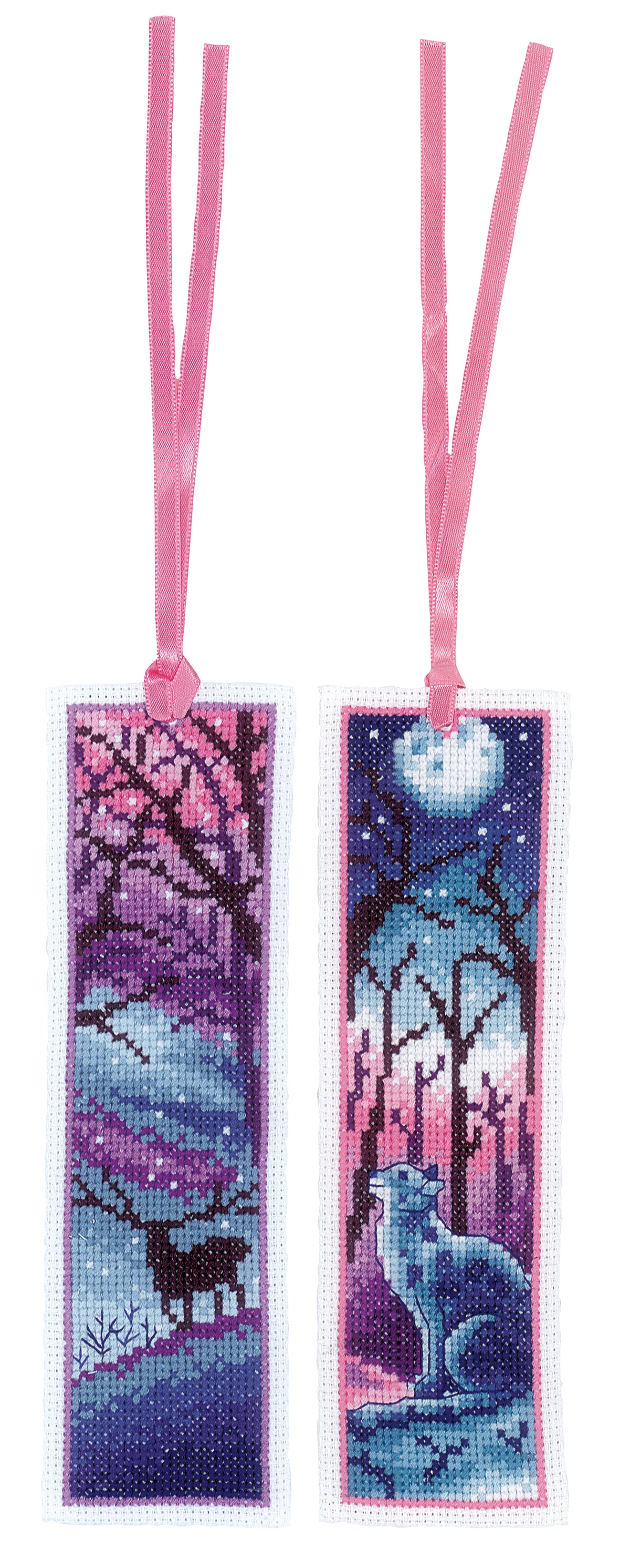 Two cross stitched bookmarks with a cat and a deer