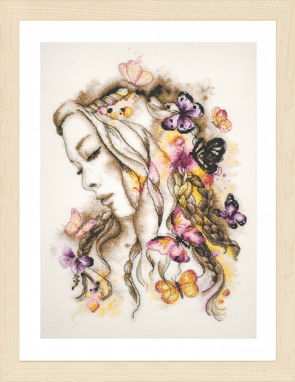 Cross stitch of a lady with butterflies