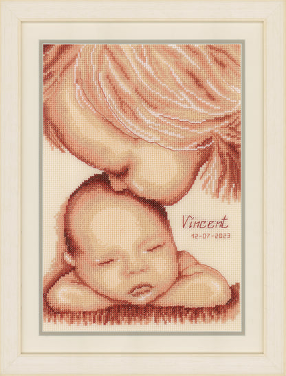 Cross stitch of two children with a heart