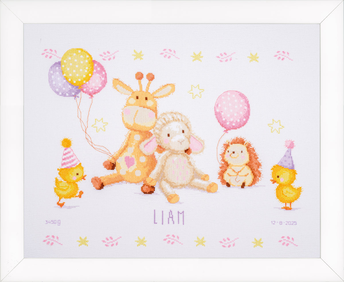 Cross stitched birth record with party animals
