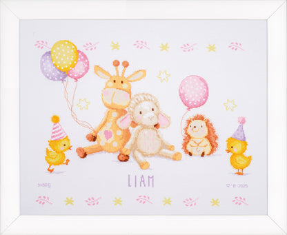 Cross stitched birth record with party animals