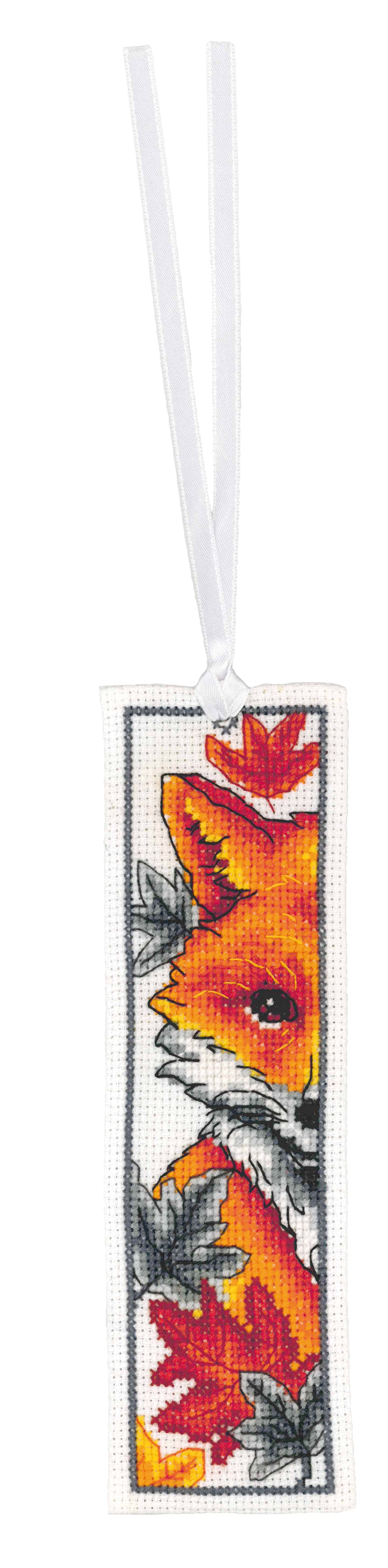 Two cross stitched bookmarks with fox designs