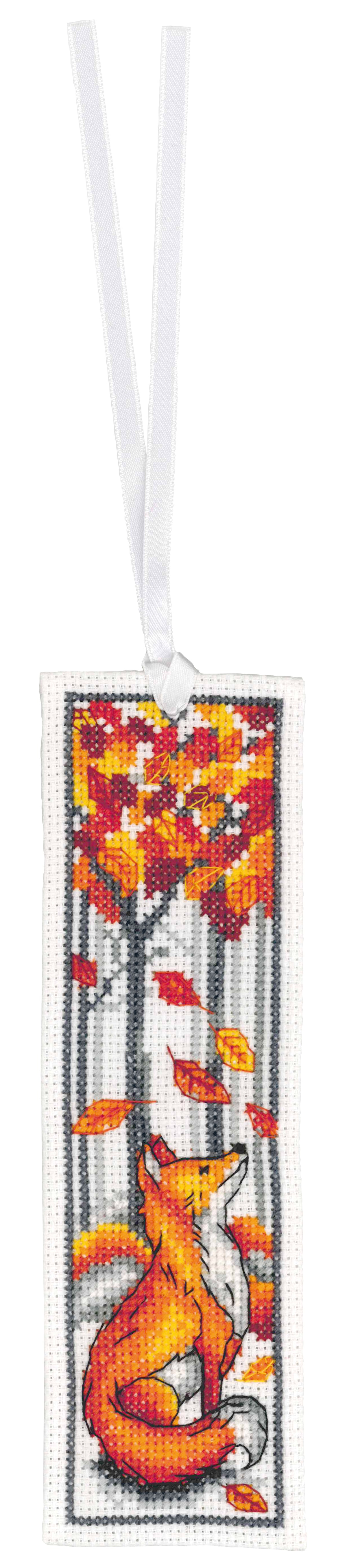 Two cross stitched bookmarks with fox designs