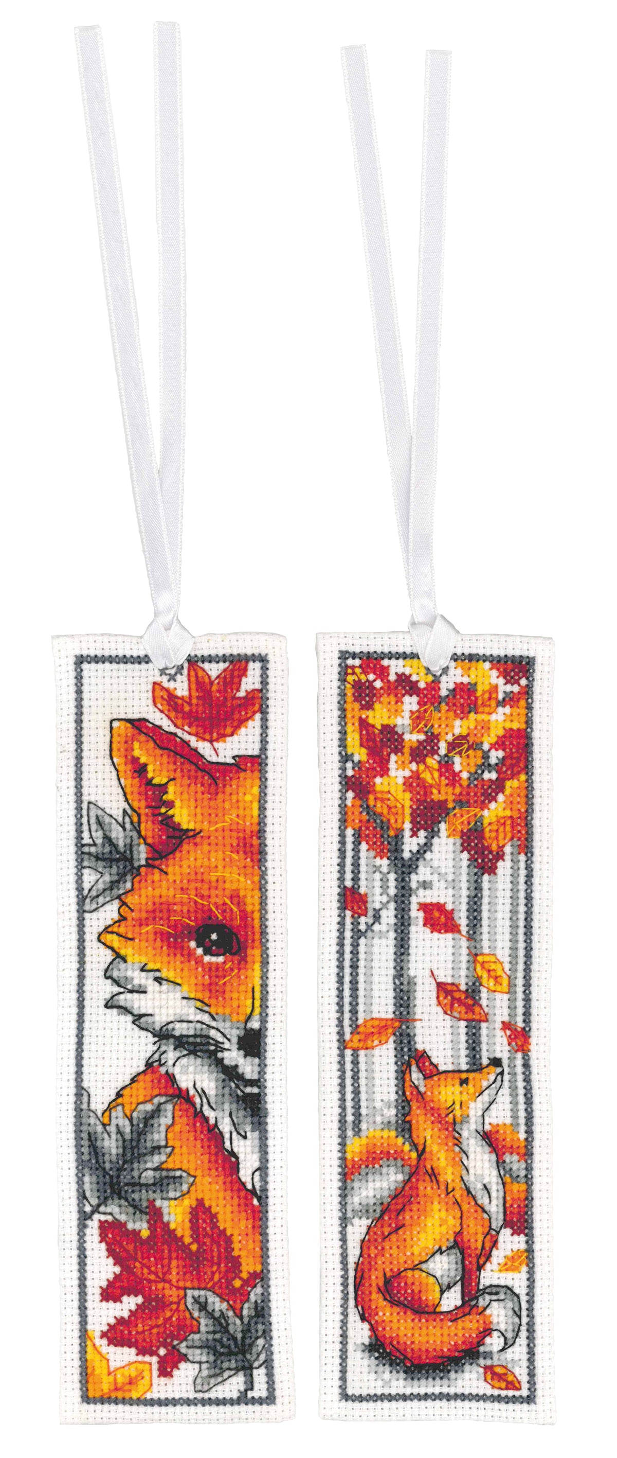 Two cross stitched bookmarks with fox designs
