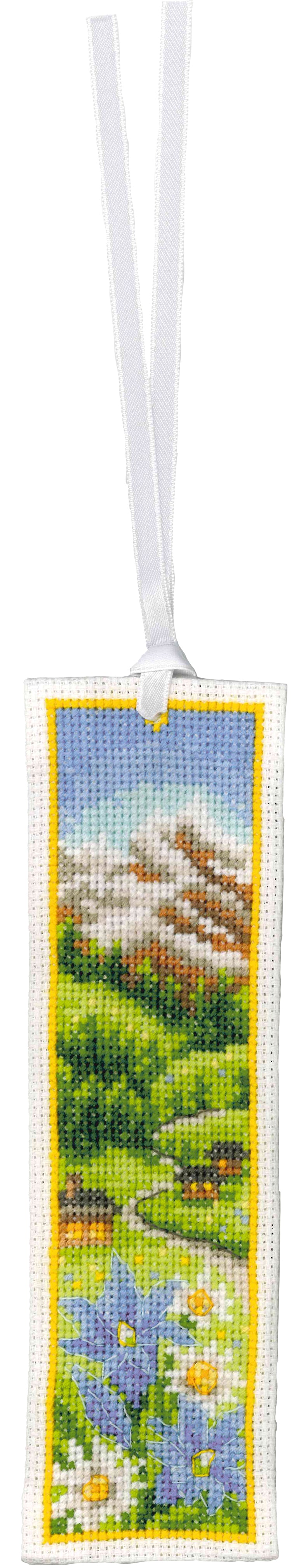 Two cross stitch bookmarks with alpine flowers