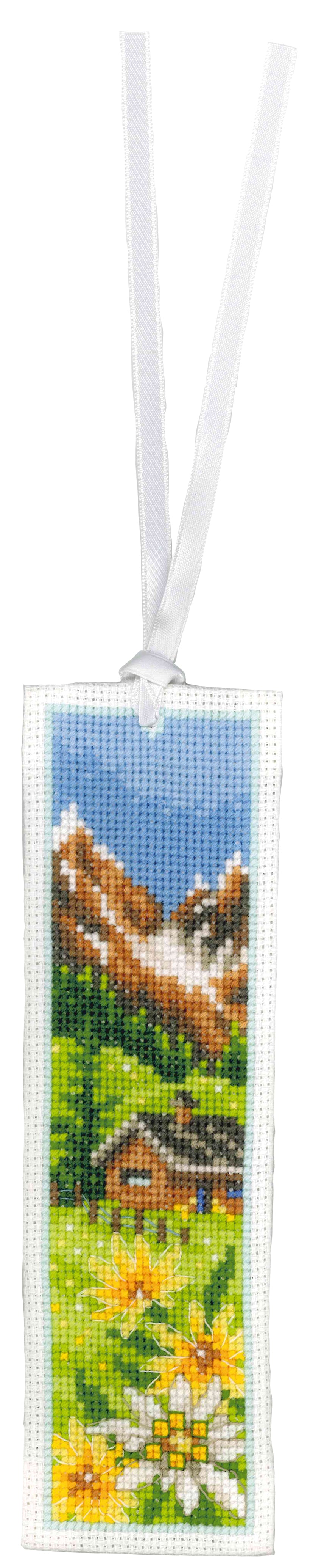 Two cross stitch bookmarks with alpine flowers